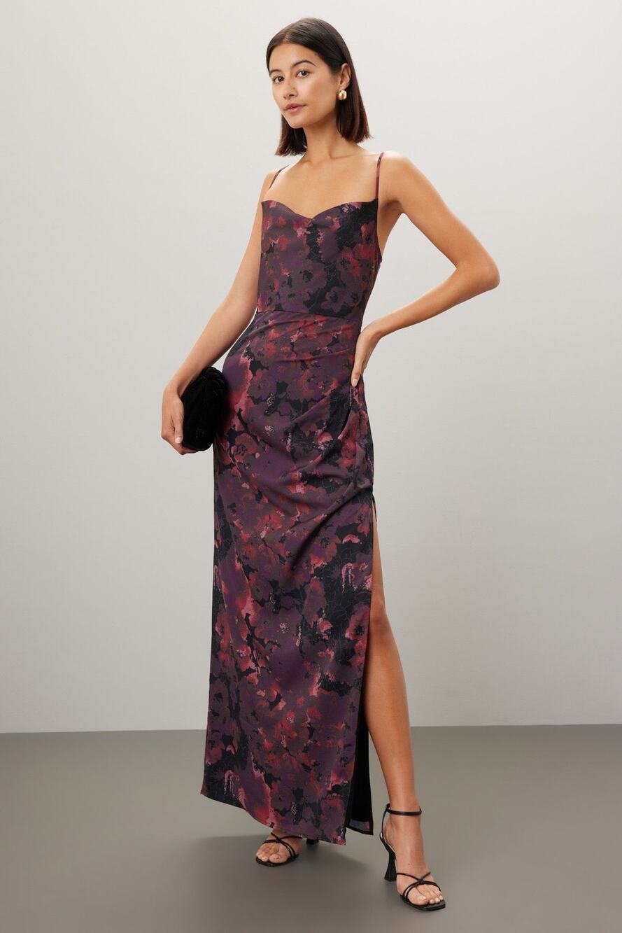 SLATE & WILLOW Red Purple Ruched Floral Side Slit Scoop Neck Dress size 0